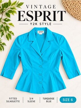 Vintage Y2K Esprit Turquoise Blue Fitted Blazer Top 3/4 Sleeve Size 6